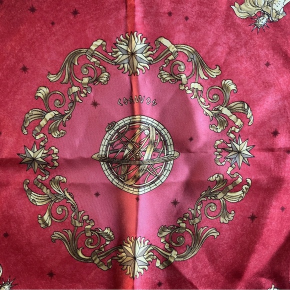 Hermes red “cosmos,” silk scarf neckerchief 16”inch square designed by Ledoux - Picture 3 of 6